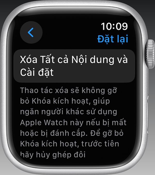 Apple Watch hiển thị Xóa tất cả nội dung và cài đặt