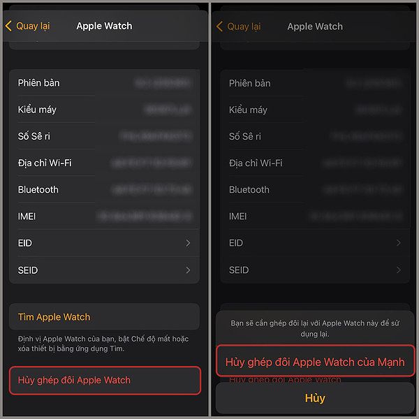 Hình ảnh hủy ghép đôi Apple Watch trên iPhone.