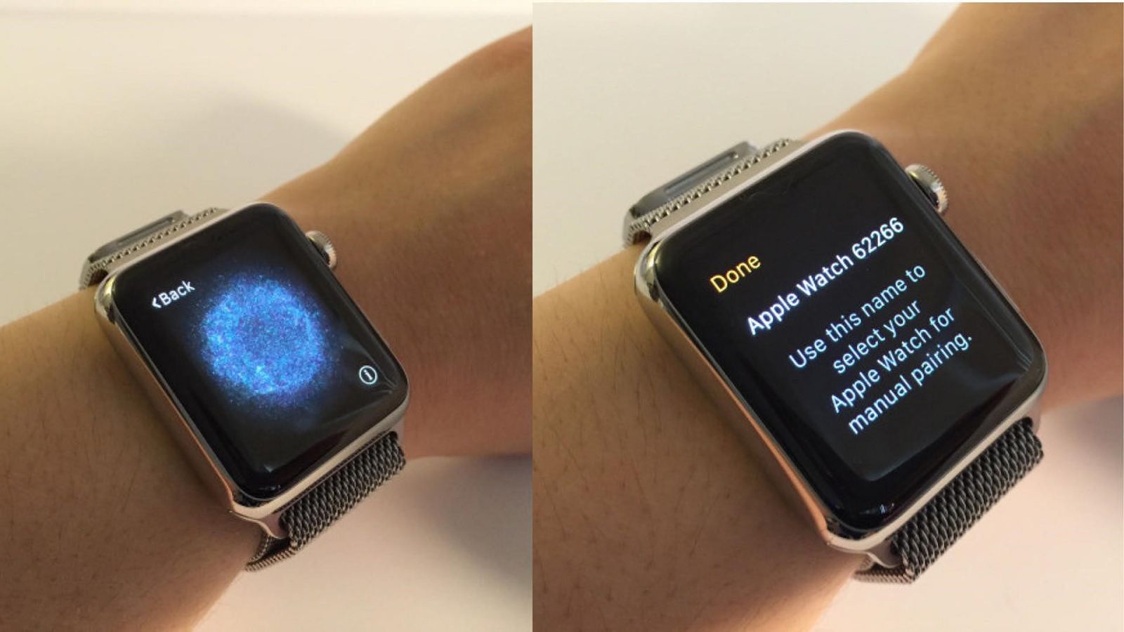 Nhấn vào biểu tượng chữ 'i' trên màn hình Apple Watch để xem tên thiết bị.