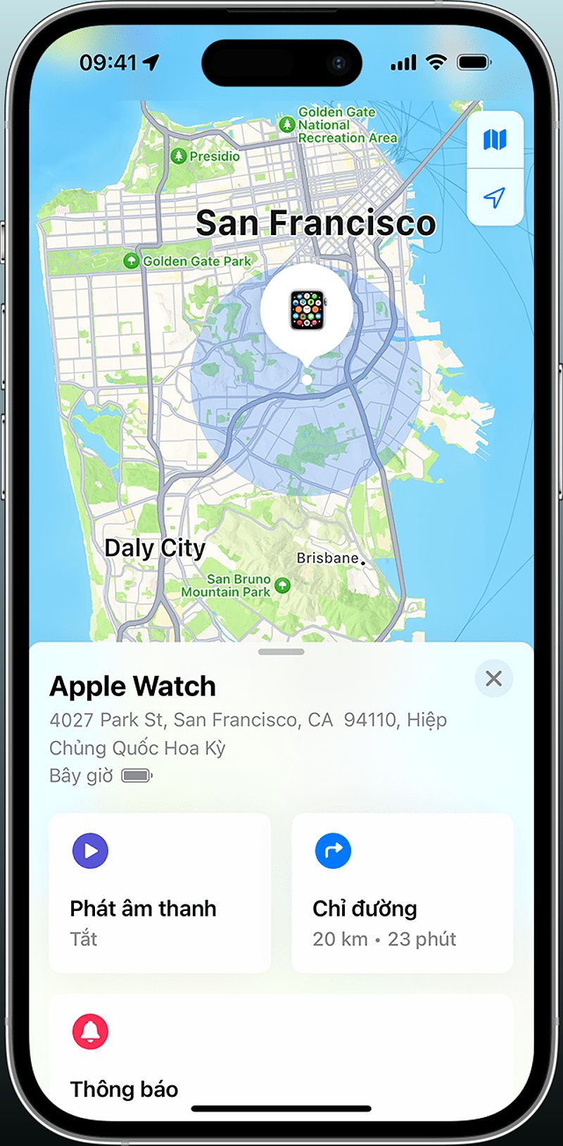Ứng dụng Tìm hiển thị vị trí gần đúng của Apple Watch trên bản đồ